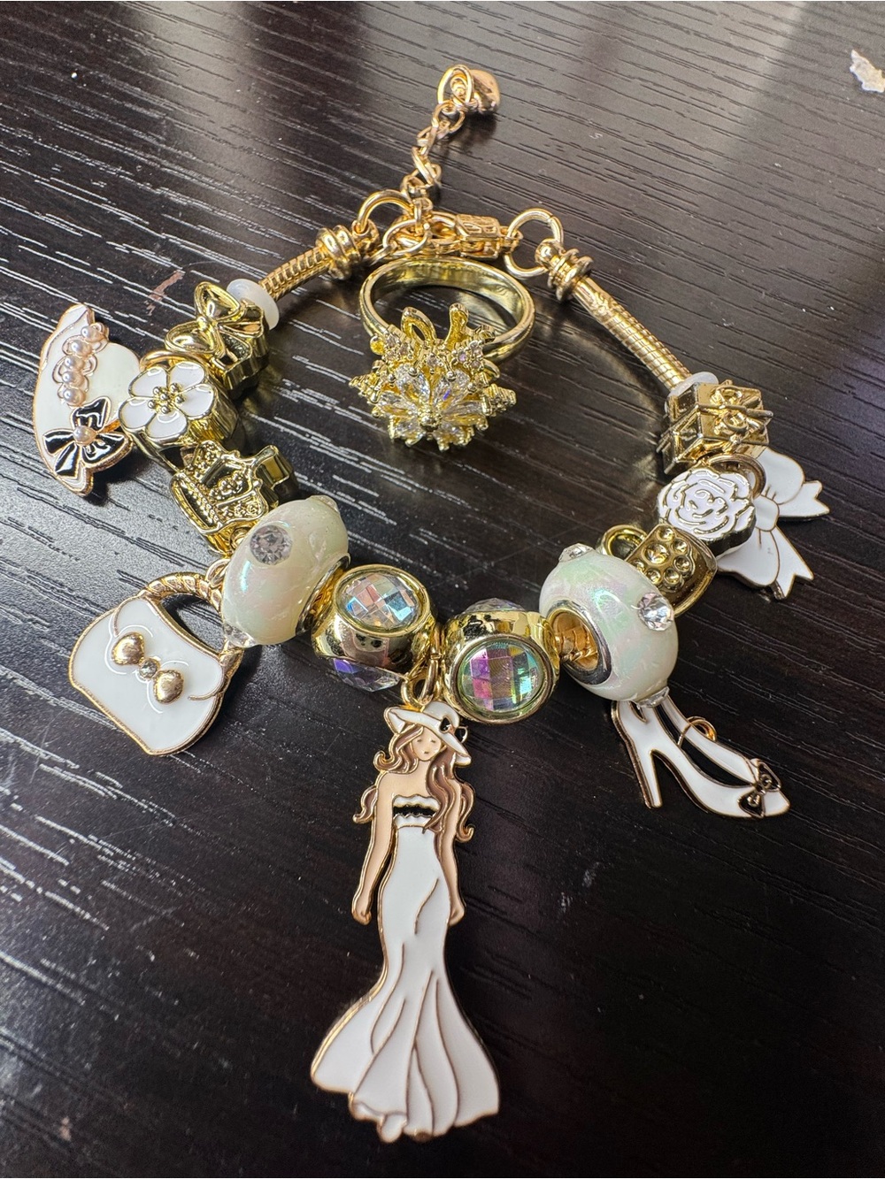 Gold-Tone White Charm Bracelet with Bridal Pendant and matching ring